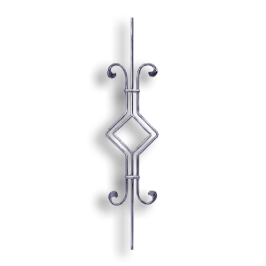 Art Deco Baluster - 3/8" dia. Rd. Material forged steel scrolls, forged panels, metal stair balusters, rail balusters, steel rail balusters, forged steel rosettes, steel balcony balusters, steel pickets, hammered metal stair baluster, hammered metal railing balusters, hand forged balusters, balusters with bushings, forged newel posts, forged rail panels, powder coated steel forgings, forged steel elemetns, stamped steel elements, fully weldable leaves, fully weldable flowers, pressed steel elements, weldable cast steel leaves, forged steel spheres, forged steel baskets
