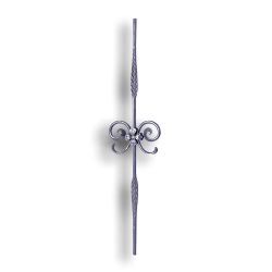 Forged Steel Baluster with Scrolls - 9/16" dia. Rd. Material forged steel scrolls, forged panels, metal stair balusters, rail balusters, steel rail balusters, forged steel rosettes, steel balcony balusters, steel pickets, hammered metal stair baluster, hammered metal railing balusters, hand forged balusters, balusters with bushings, forged newel posts, forged rail panels, powder coated steel forgings, forged steel elemetns, stamped steel elements, fully weldable leaves, fully weldable flowers, pressed steel elements, weldable cast steel leaves, forged steel spheres, forged steel baskets