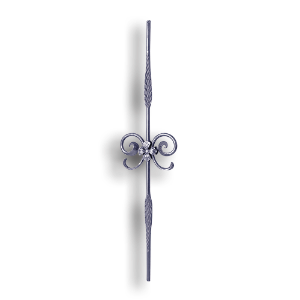 Forged Steel Baluster with Scrolls - 9/16" dia. Rd. Material forged steel scrolls, forged panels, metal stair balusters, rail balusters, steel rail balusters, forged steel rosettes, steel balcony balusters, steel pickets, hammered metal stair baluster, hammered metal railing balusters, hand forged balusters, balusters with bushings, forged newel posts, forged rail panels, powder coated steel forgings, forged steel elemetns, stamped steel elements, fully weldable leaves, fully weldable flowers, pressed steel elements, weldable cast steel leaves, forged steel spheres, forged steel baskets