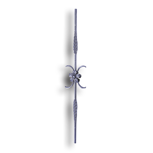 Forged Steel Baluster with Scrolls - 9/16" dia. Rd. Material forged steel scrolls, forged panels, metal stair balusters, rail balusters, steel rail balusters, forged steel rosettes, steel balcony balusters, steel pickets, hammered metal stair baluster, hammered metal railing balusters, hand forged balusters, balusters with bushings, forged newel posts, forged rail panels, powder coated steel forgings, forged steel elemetns, stamped steel elements, fully weldable leaves, fully weldable flowers, pressed steel elements, weldable cast steel leaves, forged steel spheres, forged steel baskets