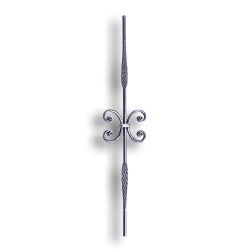 Stair and Rail Steel Baluster with Scrolls - 9/16" dia. rd. Sq. Material forged steel scrolls, forged panels, metal stair balusters, rail balusters, steel rail balusters, forged steel rosettes, steel balcony balusters, steel pickets, hammered metal stair baluster, hammered metal railing balusters, hand forged balusters, balusters with bushings, forged newel posts, forged rail panels, powder coated steel forgings, forged steel elemetns, stamped steel elements, fully weldable leaves, fully weldable flowers, pressed steel elements, weldable cast steel leaves, forged steel spheres, forged steel baskets