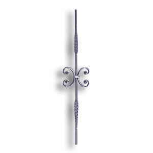 Stair and Rail Steel Baluster with Scrolls - 9/16" dia. rd. Sq. Material forged steel scrolls, forged panels, metal stair balusters, rail balusters, steel rail balusters, forged steel rosettes, steel balcony balusters, steel pickets, hammered metal stair baluster, hammered metal railing balusters, hand forged balusters, balusters with bushings, forged newel posts, forged rail panels, powder coated steel forgings, forged steel elemetns, stamped steel elements, fully weldable leaves, fully weldable flowers, pressed steel elements, weldable cast steel leaves, forged steel spheres, forged steel baskets