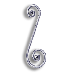 Forged Steel Round Bar Scroll - 14-3/16" H forged steel scrolls, forged panels, metal stair balusters, rail balusters, steel rail balusters, forged steel rosettes, steel balcony balusters, steel pickets, hammered metal stair baluster, hammered metal railing balusters, hand forged balusters, balusters with bushings, forged newel posts, forged rail panels, powder coated steel forgings, forged steel elemetns, stamped steel elements, fully weldable leaves, fully weldable flowers, pressed steel elements, weldable cast steel leaves, forged steel spheres, forged steel baskets