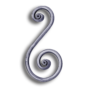 Forged Steel Round Bar Scroll - 8-5/8" H forged steel scrolls, forged panels, metal stair balusters, rail balusters, steel rail balusters, forged steel rosettes, steel balcony balusters, steel pickets, hammered metal stair baluster, hammered metal railing balusters, hand forged balusters, balusters with bushings, forged newel posts, forged rail panels, powder coated steel forgings, forged steel elemetns, stamped steel elements, fully weldable leaves, fully weldable flowers, pressed steel elements, weldable cast steel leaves, forged steel spheres, forged steel baskets