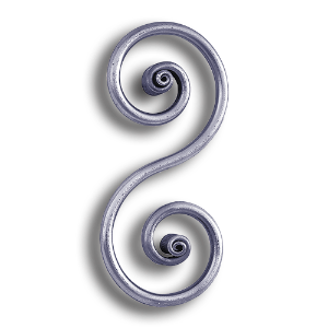 Forged Steel Round Bar Scroll - 10-1/2" H forged steel scrolls, forged panels, metal stair balusters, rail balusters, steel rail balusters, forged steel rosettes, steel balcony balusters, steel pickets, hammered metal stair baluster, hammered metal railing balusters, hand forged balusters, balusters with bushings, forged newel posts, forged rail panels, powder coated steel forgings, forged steel elemetns, stamped steel elements, fully weldable leaves, fully weldable flowers, pressed steel elements, weldable cast steel leaves, forged steel spheres, forged steel baskets