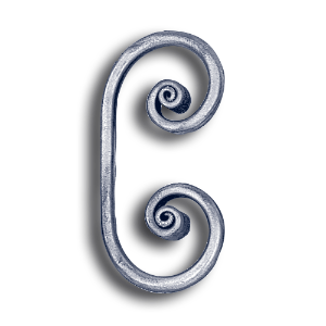 Forged Steel Round Bar Scroll - 7-1/16" H forged steel scrolls, forged panels, metal stair balusters, rail balusters, steel rail balusters, forged steel rosettes, steel balcony balusters, steel pickets, hammered metal stair baluster, hammered metal railing balusters, hand forged balusters, balusters with bushings, forged newel posts, forged rail panels, powder coated steel forgings, forged steel elemetns, stamped steel elements, fully weldable leaves, fully weldable flowers, pressed steel elements, weldable cast steel leaves, forged steel spheres, forged steel baskets