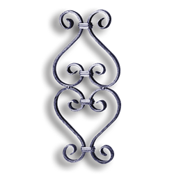 Unbreakable Steel Scroll Panel for 1/2" Bar or Tube forged steel scrolls, forged panels, metal stair balusters, rail balusters, steel rail balusters, forged steel rosettes, steel balcony balusters, steel pickets, hammered metal stair baluster, hammered metal railing balusters, hand forged balusters, balusters with bushings, forged newel posts, forged rail panels, powder coated steel forgings, forged steel elemetns, stamped steel elements, fully weldable leaves, fully weldable flowers, pressed steel elements, weldable cast steel leaves, forged steel spheres, forged steel baskets