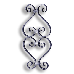 Unbreakable Steel Scroll Panel for 1/2" Bar or Tube forged steel scrolls, forged panels, metal stair balusters, rail balusters, steel rail balusters, forged steel rosettes, steel balcony balusters, steel pickets, hammered metal stair baluster, hammered metal railing balusters, hand forged balusters, balusters with bushings, forged newel posts, forged rail panels, powder coated steel forgings, forged steel elemetns, stamped steel elements, fully weldable leaves, fully weldable flowers, pressed steel elements, weldable cast steel leaves, forged steel spheres, forged steel baskets