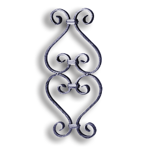 Unbreakable Steel Scroll Panel for 1/2" Bar or Tube forged steel scrolls, forged panels, metal stair balusters, rail balusters, steel rail balusters, forged steel rosettes, steel balcony balusters, steel pickets, hammered metal stair baluster, hammered metal railing balusters, hand forged balusters, balusters with bushings, forged newel posts, forged rail panels, powder coated steel forgings, forged steel elemetns, stamped steel elements, fully weldable leaves, fully weldable flowers, pressed steel elements, weldable cast steel leaves, forged steel spheres, forged steel baskets