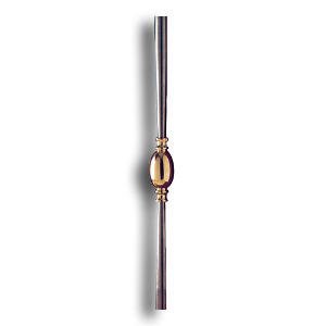 Forged Steel Newel Post with Brass Bushing - 1-9/16" dia. Rd. Material forged steel scrolls, forged panels, metal stair balusters, rail balusters, steel rail balusters, forged steel rosettes, steel balcony balusters, steel pickets, hammered metal stair baluster, hammered metal railing balusters, hand forged balusters, balusters with bushings, forged newel posts, forged rail panels, powder coated steel forgings, forged steel elemetns, stamped steel elements, fully weldable leaves, fully weldable flowers, pressed steel elements, weldable cast steel leaves, forged steel spheres, forged steel baskets
