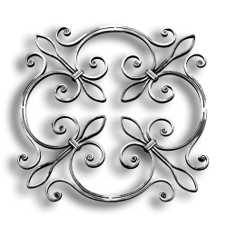 Forged Steel Rosette - 9/16" x 5/16" Rect. Material forged steel scrolls, forged panels, metal stair balusters, rail balusters, steel rail balusters, forged steel rosettes, steel balcony balusters, steel pickets, hammered metal stair baluster, hammered metal railing balusters, hand forged balusters, balusters with bushings, forged newel posts, forged rail panels, powder coated steel forgings, forged steel elemetns, stamped steel elements, fully weldable leaves, fully weldable flowers, pressed steel elements, weldable cast steel leaves, forged steel spheres, forged steel baskets