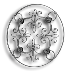 Forged Steel Rosette - 9/16" x 5/16" Rect. Material forged steel scrolls, forged panels, metal stair balusters, rail balusters, steel rail balusters, forged steel rosettes, steel balcony balusters, steel pickets, hammered metal stair baluster, hammered metal railing balusters, hand forged balusters, balusters with bushings, forged newel posts, forged rail panels, powder coated steel forgings, forged steel elemetns, stamped steel elements, fully weldable leaves, fully weldable flowers, pressed steel elements, weldable cast steel leaves, forged steel spheres, forged steel baskets