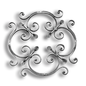 Forged Steel Rosette - 9/16" x 5/16" Rect. Material forged steel scrolls, forged panels, metal stair balusters, rail balusters, steel rail balusters, forged steel rosettes, steel balcony balusters, steel pickets, hammered metal stair baluster, hammered metal railing balusters, hand forged balusters, balusters with bushings, forged newel posts, forged rail panels, powder coated steel forgings, forged steel elemetns, stamped steel elements, fully weldable leaves, fully weldable flowers, pressed steel elements, weldable cast steel leaves, forged steel spheres, forged steel baskets