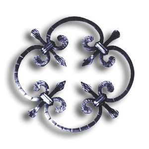 Forged Steel Rosette - 5/16" Sq. Material forged steel scrolls, forged panels, metal stair balusters, rail balusters, steel rail balusters, forged steel rosettes, steel balcony balusters, steel pickets, hammered metal stair baluster, hammered metal railing balusters, hand forged balusters, balusters with bushings, forged newel posts, forged rail panels, powder coated steel forgings, forged steel elemetns, stamped steel elements, fully weldable leaves, fully weldable flowers, pressed steel elements, weldable cast steel leaves, forged steel spheres, forged steel baskets