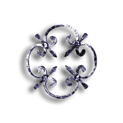 Forged Steel Rosette - 5/16" Sq. Material forged steel scrolls, forged panels, metal stair balusters, rail balusters, steel rail balusters, forged steel rosettes, steel balcony balusters, steel pickets, hammered metal stair baluster, hammered metal railing balusters, hand forged balusters, balusters with bushings, forged newel posts, forged rail panels, powder coated steel forgings, forged steel elemetns, stamped steel elements, fully weldable leaves, fully weldable flowers, pressed steel elements, weldable cast steel leaves, forged steel spheres, forged steel baskets