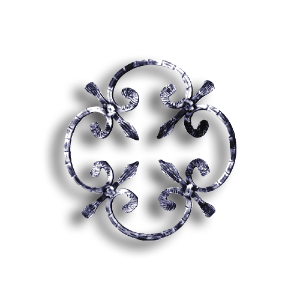 Forged Steel Rosette - 5/16" Sq. Material forged steel scrolls, forged panels, metal stair balusters, rail balusters, steel rail balusters, forged steel rosettes, steel balcony balusters, steel pickets, hammered metal stair baluster, hammered metal railing balusters, hand forged balusters, balusters with bushings, forged newel posts, forged rail panels, powder coated steel forgings, forged steel elemetns, stamped steel elements, fully weldable leaves, fully weldable flowers, pressed steel elements, weldable cast steel leaves, forged steel spheres, forged steel baskets