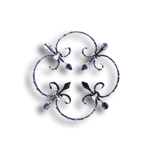 Forged Steel Rosette - 3/8" x 3/16" Sq. Material forged steel scrolls, forged panels, metal stair balusters, rail balusters, steel rail balusters, forged steel rosettes, steel balcony balusters, steel pickets, hammered metal stair baluster, hammered metal railing balusters, hand forged balusters, balusters with bushings, forged newel posts, forged rail panels, powder coated steel forgings, forged steel elemetns, stamped steel elements, fully weldable leaves, fully weldable flowers, pressed steel elements, weldable cast steel leaves, forged steel spheres, forged steel baskets