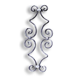 Unbreakable Steel Scroll Panel for 1/2" Bar or Tube forged steel scrolls, forged panels, metal stair balusters, rail balusters, steel rail balusters, forged steel rosettes, steel balcony balusters, steel pickets, hammered metal stair baluster, hammered metal railing balusters, hand forged balusters, balusters with bushings, forged newel posts, forged rail panels, powder coated steel forgings, forged steel elemetns, stamped steel elements, fully weldable leaves, fully weldable flowers, pressed steel elements, weldable cast steel leaves, forged steel spheres, forged steel baskets