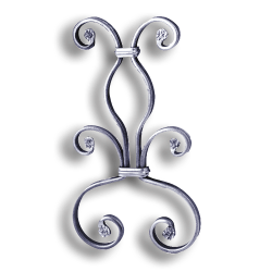 Unbreakable Steel Scroll Panel for 1/2" Bar or Tube forged steel scrolls, forged panels, metal stair balusters, rail balusters, steel rail balusters, forged steel rosettes, steel balcony balusters, steel pickets, hammered metal stair baluster, hammered metal railing balusters, hand forged balusters, balusters with bushings, forged newel posts, forged rail panels, powder coated steel forgings, forged steel elemetns, stamped steel elements, fully weldable leaves, fully weldable flowers, pressed steel elements, weldable cast steel leaves, forged steel spheres, forged steel baskets
