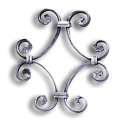 Unbreakable Steel Scroll Panel for 1/2" Bar or Tube forged steel scrolls, forged panels, metal stair balusters, rail balusters, steel rail balusters, forged steel rosettes, steel balcony balusters, steel pickets, hammered metal stair baluster, hammered metal railing balusters, hand forged balusters, balusters with bushings, forged newel posts, forged rail panels, powder coated steel forgings, forged steel elemetns, stamped steel elements, fully weldable leaves, fully weldable flowers, pressed steel elements, weldable cast steel leaves, forged steel spheres, forged steel baskets