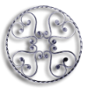 Forged Steel Rosette - 5/16" Sq. Material forged steel scrolls, forged panels, metal stair balusters, rail balusters, steel rail balusters, forged steel rosettes, steel balcony balusters, steel pickets, hammered metal stair baluster, hammered metal railing balusters, hand forged balusters, balusters with bushings, forged newel posts, forged rail panels, powder coated steel forgings, forged steel elemetns, stamped steel elements, fully weldable leaves, fully weldable flowers, pressed steel elements, weldable cast steel leaves, forged steel spheres, forged steel baskets