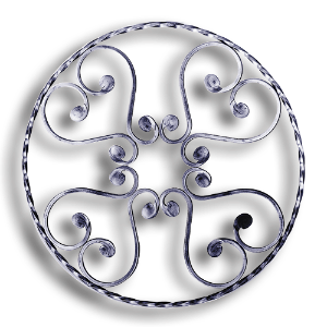 Forged Steel Rosette - 5/16" Sq. Material forged steel scrolls, forged panels, metal stair balusters, rail balusters, steel rail balusters, forged steel rosettes, steel balcony balusters, steel pickets, hammered metal stair baluster, hammered metal railing balusters, hand forged balusters, balusters with bushings, forged newel posts, forged rail panels, powder coated steel forgings, forged steel elemetns, stamped steel elements, fully weldable leaves, fully weldable flowers, pressed steel elements, weldable cast steel leaves, forged steel spheres, forged steel baskets