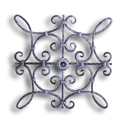 Forged Steel Large Panel - 1/2" Sq. Material forged steel scrolls, forged panels, metal stair balusters, rail balusters, steel rail balusters, forged steel rosettes, steel balcony balusters, steel pickets, hammered metal stair baluster, hammered metal railing balusters, hand forged balusters, balusters with bushings, forged newel posts, forged rail panels, powder coated steel forgings, forged steel elemetns, stamped steel elements, fully weldable leaves, fully weldable flowers, pressed steel elements, weldable cast steel leaves, forged steel spheres, forged steel baskets