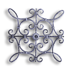 Forged Steel Large Panel - 1/2" Sq. Material forged steel scrolls, forged panels, metal stair balusters, rail balusters, steel rail balusters, forged steel rosettes, steel balcony balusters, steel pickets, hammered metal stair baluster, hammered metal railing balusters, hand forged balusters, balusters with bushings, forged newel posts, forged rail panels, powder coated steel forgings, forged steel elemetns, stamped steel elements, fully weldable leaves, fully weldable flowers, pressed steel elements, weldable cast steel leaves, forged steel spheres, forged steel baskets