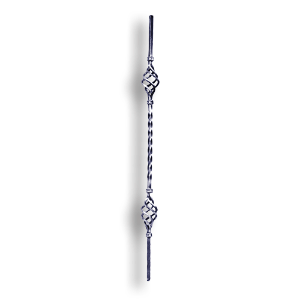 Forged Steel Baluster with Basket - 1/2" Sq. Material - Style 1 forged steel scrolls, forged panels, metal stair balusters, rail balusters, steel rail balusters, forged steel rosettes, steel balcony balusters, steel pickets, hammered metal stair baluster, hammered metal railing balusters, hand forged balusters, balusters with bushings, forged newel posts, forged rail panels, powder coated steel forgings, forged steel elemetns, stamped steel elements, fully weldable leaves, fully weldable flowers, pressed steel elements, weldable cast steel leaves, forged steel spheres, forged steel baskets