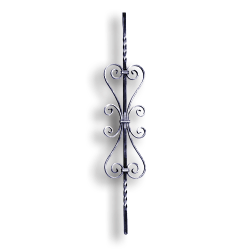 Forged Steel Stair and Rail Scroll Baluster - 1/2" Sq. Material forged steel scrolls, forged panels, metal stair balusters, rail balusters, steel rail balusters, forged steel rosettes, steel balcony balusters, steel pickets, hammered metal stair baluster, hammered metal railing balusters, hand forged balusters, balusters with bushings, forged newel posts, forged rail panels, powder coated steel forgings, forged steel elemetns, stamped steel elements, fully weldable leaves, fully weldable flowers, pressed steel elements, weldable cast steel leaves, forged steel spheres, forged steel baskets