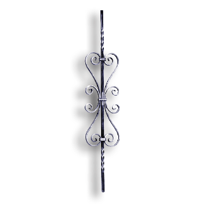 Forged Steel Stair and Rail Scroll Baluster - 1/2" Sq. Material forged steel scrolls, forged panels, metal stair balusters, rail balusters, steel rail balusters, forged steel rosettes, steel balcony balusters, steel pickets, hammered metal stair baluster, hammered metal railing balusters, hand forged balusters, balusters with bushings, forged newel posts, forged rail panels, powder coated steel forgings, forged steel elemetns, stamped steel elements, fully weldable leaves, fully weldable flowers, pressed steel elements, weldable cast steel leaves, forged steel spheres, forged steel baskets