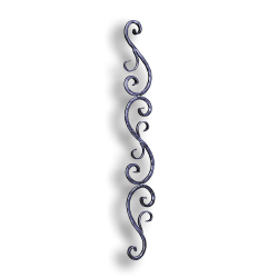 Forged Steel Stair and Rail Scroll Baluster Hammered - 1/2" Sq. Material forged steel scrolls, forged panels, metal stair balusters, rail balusters, steel rail balusters, forged steel rosettes, steel balcony balusters, steel pickets, hammered metal stair baluster, hammered metal railing balusters, hand forged balusters, balusters with bushings, forged newel posts, forged rail panels, powder coated steel forgings, forged steel elemetns, stamped steel elements, fully weldable leaves, fully weldable flowers, pressed steel elements, weldable cast steel leaves, forged steel spheres, forged steel baskets
