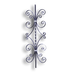 Forged Steel Stair and Rail Scroll Baluster - 1/2" Sq. Material forged steel scrolls, forged panels, metal stair balusters, rail balusters, steel rail balusters, forged steel rosettes, steel balcony balusters, steel pickets, hammered metal stair baluster, hammered metal railing balusters, hand forged balusters, balusters with bushings, forged newel posts, forged rail panels, powder coated steel forgings, forged steel elemetns, stamped steel elements, fully weldable leaves, fully weldable flowers, pressed steel elements, weldable cast steel leaves, forged steel spheres, forged steel baskets