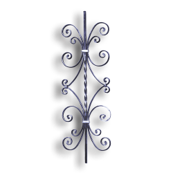 Forged Steel Stair and Rail Scroll Baluster - 1/2" Sq. Material forged steel scrolls, forged panels, metal stair balusters, rail balusters, steel rail balusters, forged steel rosettes, steel balcony balusters, steel pickets, hammered metal stair baluster, hammered metal railing balusters, hand forged balusters, balusters with bushings, forged newel posts, forged rail panels, powder coated steel forgings, forged steel elemetns, stamped steel elements, fully weldable leaves, fully weldable flowers, pressed steel elements, weldable cast steel leaves, forged steel spheres, forged steel baskets