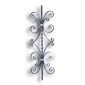 Forged Steel Stair and Rail Scroll Baluster - 1/2" Sq. Material forged steel scrolls, forged panels, metal stair balusters, rail balusters, steel rail balusters, forged steel rosettes, steel balcony balusters, steel pickets, hammered metal stair baluster, hammered metal railing balusters, hand forged balusters, balusters with bushings, forged newel posts, forged rail panels, powder coated steel forgings, forged steel elemetns, stamped steel elements, fully weldable leaves, fully weldable flowers, pressed steel elements, weldable cast steel leaves, forged steel spheres, forged steel baskets
