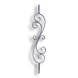 Forged Steel Stair and Rail Scroll Baluster - 1/2" x 1/4" Sq. Material forged steel scrolls, forged panels, metal stair balusters, rail balusters, steel rail balusters, forged steel rosettes, steel balcony balusters, steel pickets, hammered metal stair baluster, hammered metal railing balusters, hand forged balusters, balusters with bushings, forged newel posts, forged rail panels, powder coated steel forgings, forged steel elemetns, stamped steel elements, fully weldable leaves, fully weldable flowers, pressed steel elements, weldable cast steel leaves, forged steel spheres, forged steel baskets