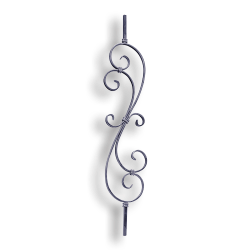 Forged Steel Stair and Rail Scroll Baluster - 1/2" x 1/4" Sq. Material forged steel scrolls, forged panels, metal stair balusters, rail balusters, steel rail balusters, forged steel rosettes, steel balcony balusters, steel pickets, hammered metal stair baluster, hammered metal railing balusters, hand forged balusters, balusters with bushings, forged newel posts, forged rail panels, powder coated steel forgings, forged steel elemetns, stamped steel elements, fully weldable leaves, fully weldable flowers, pressed steel elements, weldable cast steel leaves, forged steel spheres, forged steel baskets