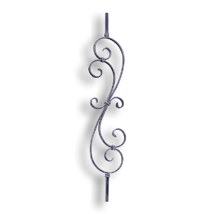 Forged Steel Stair and Rail Scroll Baluster - 1/2" x 1/4" Sq. Material forged steel scrolls, forged panels, metal stair balusters, rail balusters, steel rail balusters, forged steel rosettes, steel balcony balusters, steel pickets, hammered metal stair baluster, hammered metal railing balusters, hand forged balusters, balusters with bushings, forged newel posts, forged rail panels, powder coated steel forgings, forged steel elemetns, stamped steel elements, fully weldable leaves, fully weldable flowers, pressed steel elements, weldable cast steel leaves, forged steel spheres, forged steel baskets