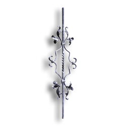 Steel Baluster forged steel scrolls, forged panels, metal stair balusters, rail balusters, steel rail balusters, forged steel rosettes, steel balcony balusters, steel pickets, hammered metal stair baluster, hammered metal railing balusters, hand forged balusters, balusters with bushings, forged newel posts, forged rail panels, powder coated steel forgings, forged steel elemetns, stamped steel elements, fully weldable leaves, fully weldable flowers, pressed steel elements, weldable cast steel leaves, forged steel spheres, forged steel baskets