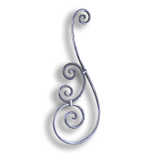 Forged Steel Stair and Rail Scroll - 1/2" dia. Rd. Material forged steel scrolls, forged panels, metal stair balusters, rail balusters, steel rail balusters, forged steel rosettes, steel balcony balusters, steel pickets, hammered metal stair baluster, hammered metal railing balusters, hand forged balusters, balusters with bushings, forged newel posts, forged rail panels, powder coated steel forgings, forged steel elemetns, stamped steel elements, fully weldable leaves, fully weldable flowers, pressed steel elements, weldable cast steel leaves, forged steel spheres, forged steel baskets