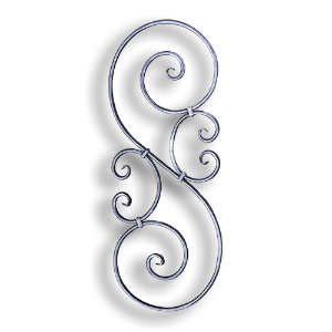 Forged Steel Stair and Rail Scroll - 9/16" dia. Rd. Material forged steel scrolls, forged panels, metal stair balusters, rail balusters, steel rail balusters, forged steel rosettes, steel balcony balusters, steel pickets, hammered metal stair baluster, hammered metal railing balusters, hand forged balusters, balusters with bushings, forged newel posts, forged rail panels, powder coated steel forgings, forged steel elemetns, stamped steel elements, fully weldable leaves, fully weldable flowers, pressed steel elements, weldable cast steel leaves, forged steel spheres, forged steel baskets