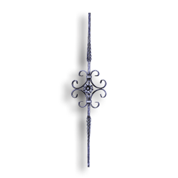 Hammered Stair and Rail Steel Baluster - 9/16" Sq. Material forged steel scrolls, forged panels, metal stair balusters, rail balusters, steel rail balusters, forged steel rosettes, steel balcony balusters, steel pickets, hammered metal stair baluster, hammered metal railing balusters, hand forged balusters, balusters with bushings, forged newel posts, forged rail panels, powder coated steel forgings, forged steel elemetns, stamped steel elements, fully weldable leaves, fully weldable flowers, pressed steel elements, weldable cast steel leaves, forged steel spheres, forged steel baskets