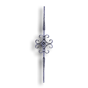 Hammered Stair and Rail Steel Baluster - 9/16" Sq. Material forged steel scrolls, forged panels, metal stair balusters, rail balusters, steel rail balusters, forged steel rosettes, steel balcony balusters, steel pickets, hammered metal stair baluster, hammered metal railing balusters, hand forged balusters, balusters with bushings, forged newel posts, forged rail panels, powder coated steel forgings, forged steel elemetns, stamped steel elements, fully weldable leaves, fully weldable flowers, pressed steel elements, weldable cast steel leaves, forged steel spheres, forged steel baskets