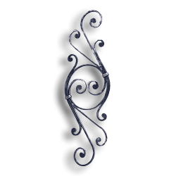 Forged Steel Scroll Panel forged steel scrolls, forged panels, metal stair balusters, rail balusters, steel rail balusters, forged steel rosettes, steel balcony balusters, steel pickets, hammered metal stair baluster, hammered metal railing balusters, hand forged balusters, balusters with bushings, forged newel posts, forged rail panels, powder coated steel forgings, forged steel elemetns, stamped steel elements, fully weldable leaves, fully weldable flowers, pressed steel elements, weldable cast steel leaves, forged steel spheres, forged steel baskets