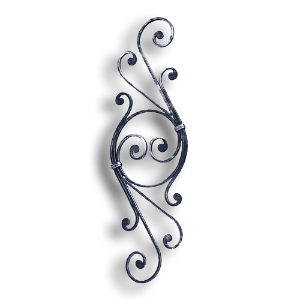 Forged Steel Scroll Panel forged steel scrolls, forged panels, metal stair balusters, rail balusters, steel rail balusters, forged steel rosettes, steel balcony balusters, steel pickets, hammered metal stair baluster, hammered metal railing balusters, hand forged balusters, balusters with bushings, forged newel posts, forged rail panels, powder coated steel forgings, forged steel elemetns, stamped steel elements, fully weldable leaves, fully weldable flowers, pressed steel elements, weldable cast steel leaves, forged steel spheres, forged steel baskets