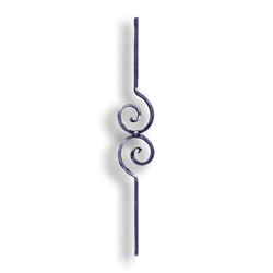 Forged Steel Stair and Rail Scroll Baluster - 1/2" Sq. Material - Style 1 forged steel scrolls, forged panels, metal stair balusters, rail balusters, steel rail balusters, forged steel rosettes, steel balcony balusters, steel pickets, hammered metal stair baluster, hammered metal railing balusters, hand forged balusters, balusters with bushings, forged newel posts, forged rail panels, powder coated steel forgings, forged steel elemetns, stamped steel elements, fully weldable leaves, fully weldable flowers, pressed steel elements, weldable cast steel leaves, forged steel spheres, forged steel baskets