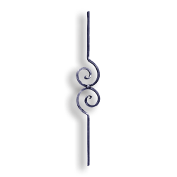 Forged Steel Stair and Rail Scroll Baluster - 1/2" Sq. Material - Style 1 forged steel scrolls, forged panels, metal stair balusters, rail balusters, steel rail balusters, forged steel rosettes, steel balcony balusters, steel pickets, hammered metal stair baluster, hammered metal railing balusters, hand forged balusters, balusters with bushings, forged newel posts, forged rail panels, powder coated steel forgings, forged steel elemetns, stamped steel elements, fully weldable leaves, fully weldable flowers, pressed steel elements, weldable cast steel leaves, forged steel spheres, forged steel baskets
