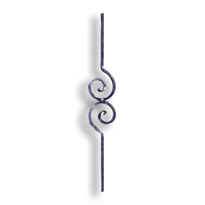 Forged Steel Stair and Rail Scroll Baluster - 1/2" Sq. Material - Style 1 forged steel scrolls, forged panels, metal stair balusters, rail balusters, steel rail balusters, forged steel rosettes, steel balcony balusters, steel pickets, hammered metal stair baluster, hammered metal railing balusters, hand forged balusters, balusters with bushings, forged newel posts, forged rail panels, powder coated steel forgings, forged steel elemetns, stamped steel elements, fully weldable leaves, fully weldable flowers, pressed steel elements, weldable cast steel leaves, forged steel spheres, forged steel baskets