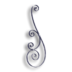 Forged Steel Stair and Rail Scroll - 3/4" x 1/4" Sq. Material forged steel scrolls, forged panels, metal stair balusters, rail balusters, steel rail balusters, forged steel rosettes, steel balcony balusters, steel pickets, hammered metal stair baluster, hammered metal railing balusters, hand forged balusters, balusters with bushings, forged newel posts, forged rail panels, powder coated steel forgings, forged steel elemetns, stamped steel elements, fully weldable leaves, fully weldable flowers, pressed steel elements, weldable cast steel leaves, forged steel spheres, forged steel baskets