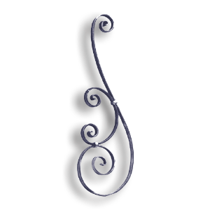 Forged Steel Stair and Rail Scroll - 3/4" x 1/4" Sq. Material forged steel scrolls, forged panels, metal stair balusters, rail balusters, steel rail balusters, forged steel rosettes, steel balcony balusters, steel pickets, hammered metal stair baluster, hammered metal railing balusters, hand forged balusters, balusters with bushings, forged newel posts, forged rail panels, powder coated steel forgings, forged steel elemetns, stamped steel elements, fully weldable leaves, fully weldable flowers, pressed steel elements, weldable cast steel leaves, forged steel spheres, forged steel baskets